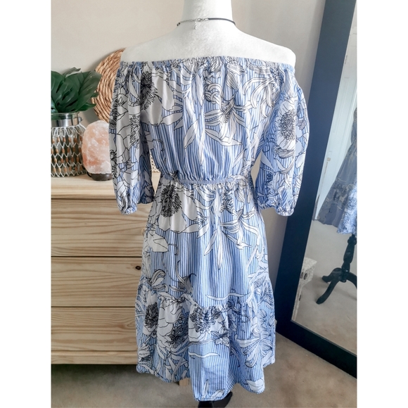 Candy Striped Blue & Floral Off Shoulder Dress - Picture 5 of 6